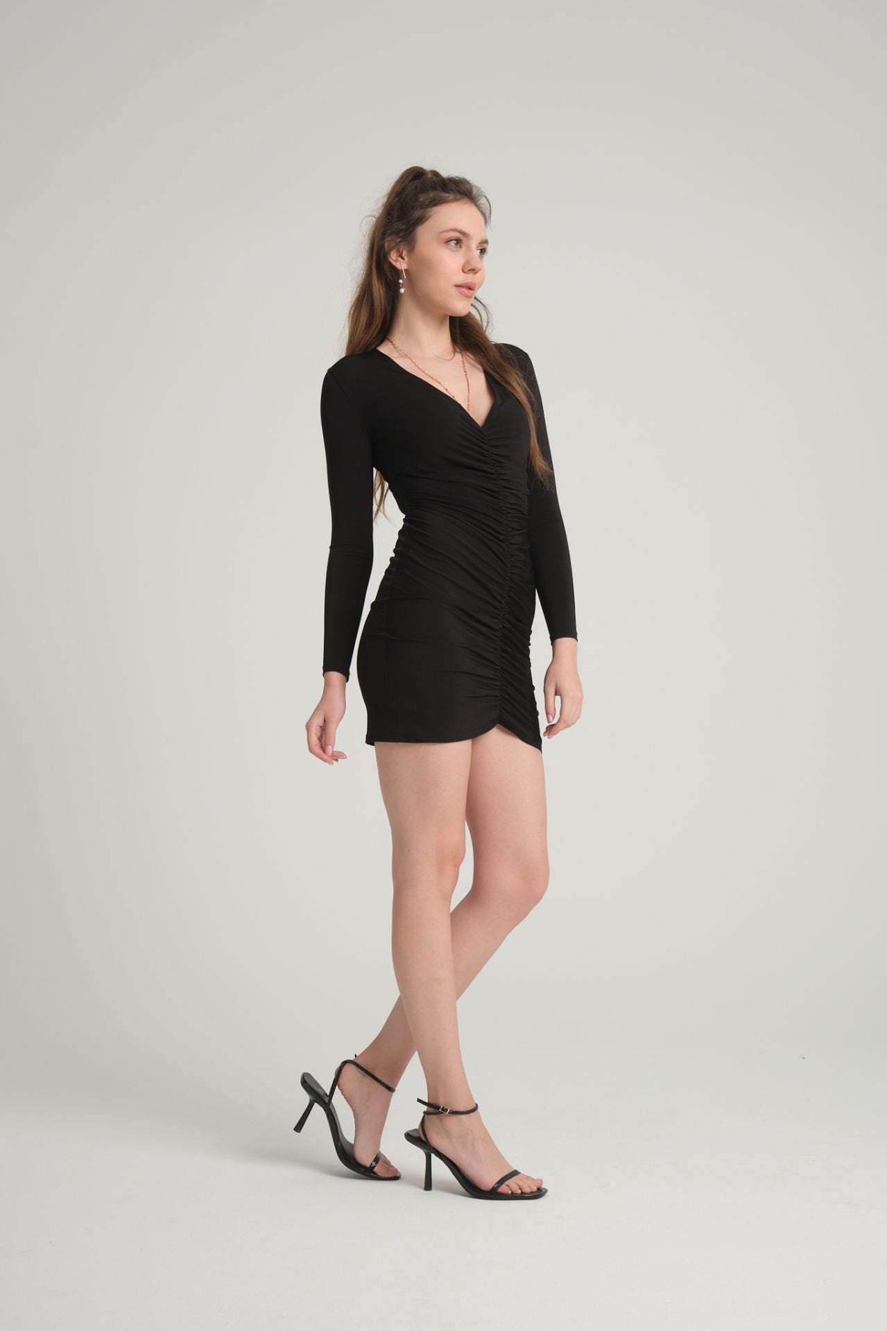 Black Mini Dress with Pleats on the Front