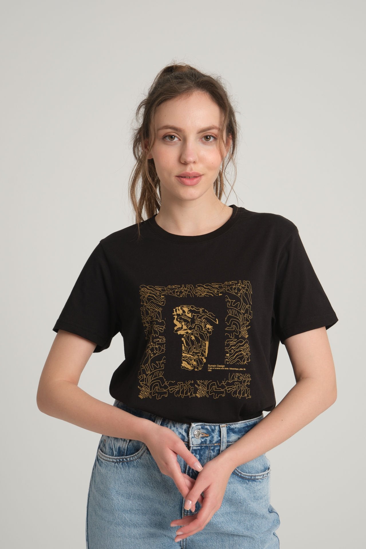 Women's Black T-Shirt with Göbeklitepe Print ''The Story of Snakes and Birds''