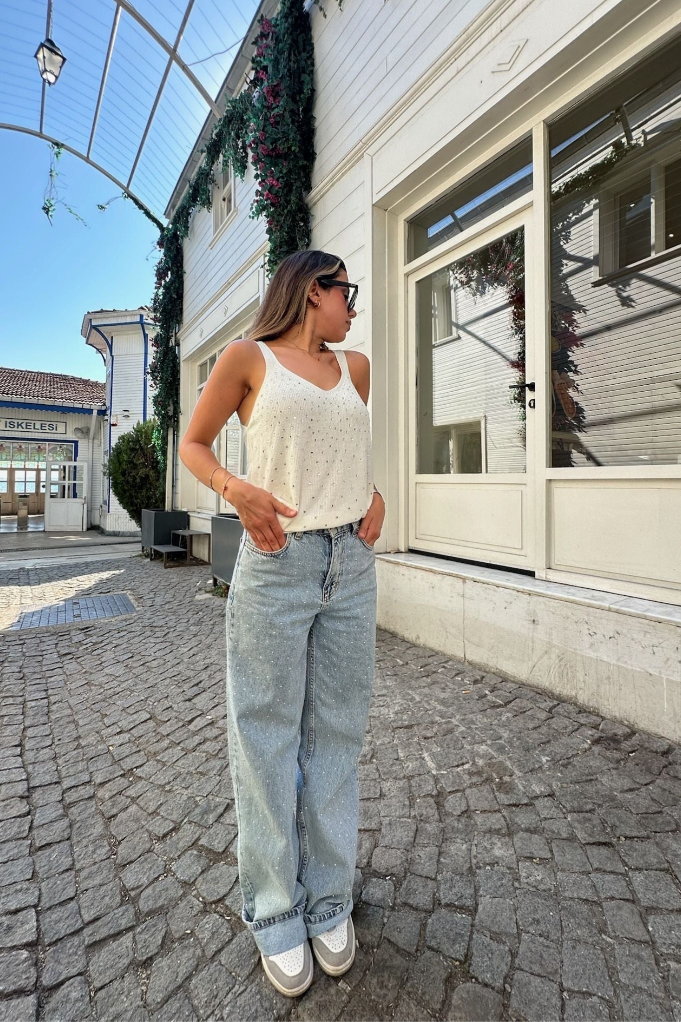 Beyaz Taş Baskılı Triko Bluz
