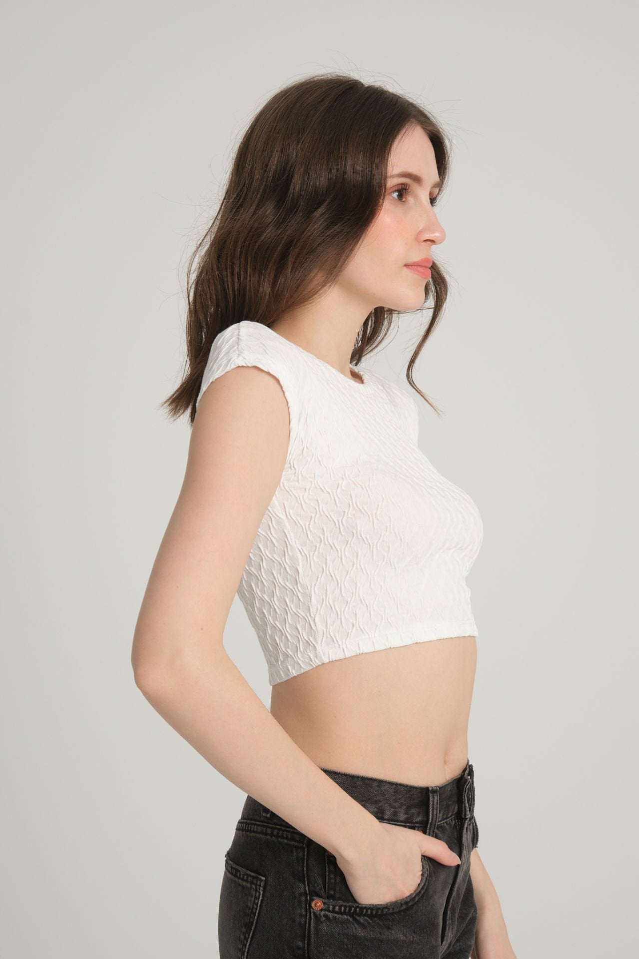 Bürümcük Desenli Beyaz Crop Top