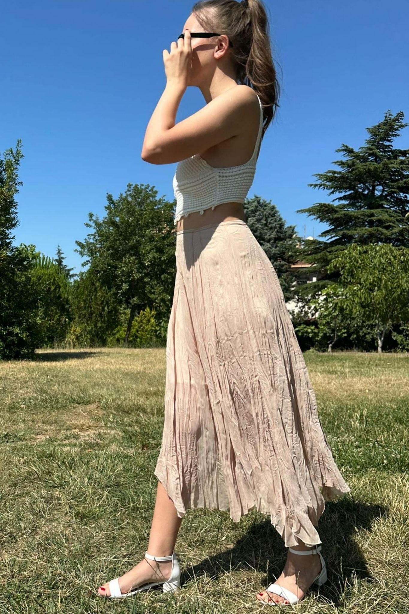 Asimetrik Bej Midi Etek