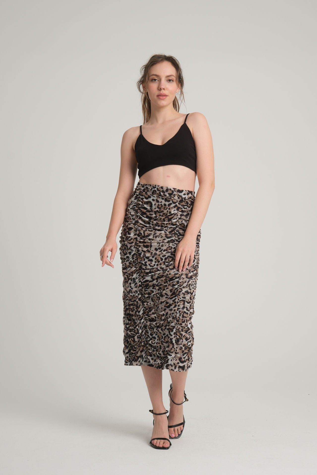 Leopard Gathered Midi Skirt