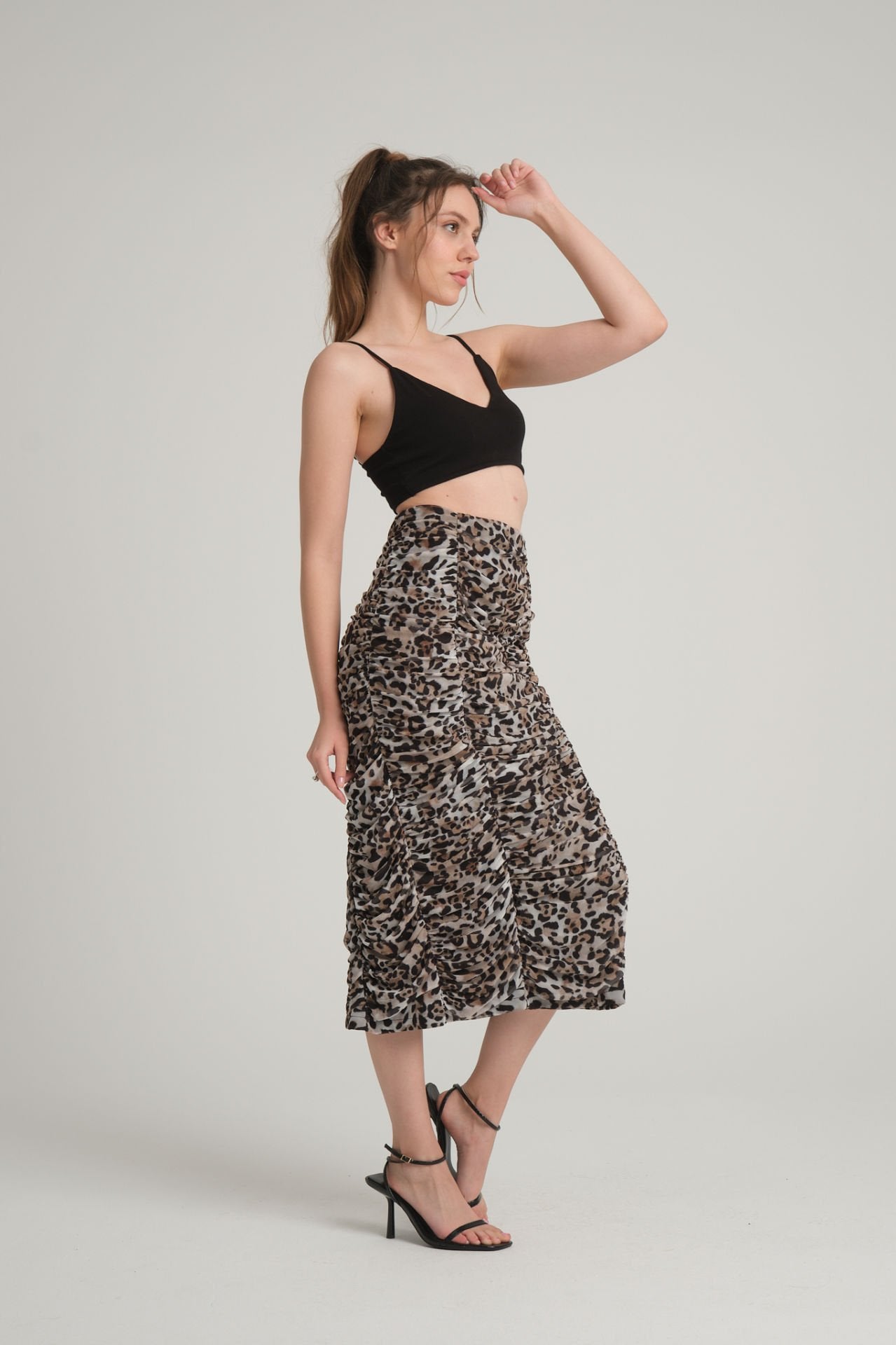 Leopard Gathered Midi Skirt