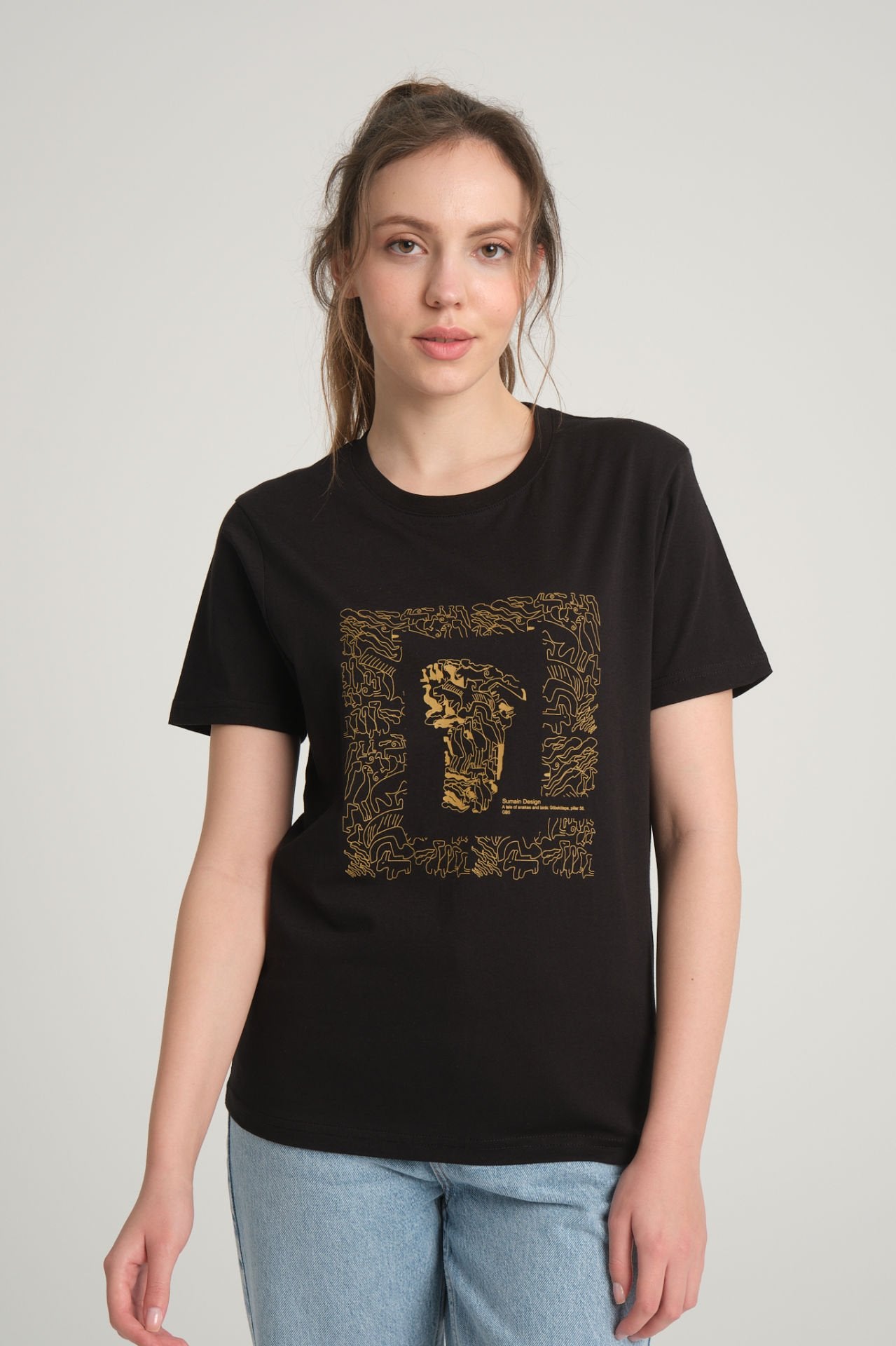 Women's Black T-Shirt with Göbeklitepe Print ''The Story of Snakes and Birds''