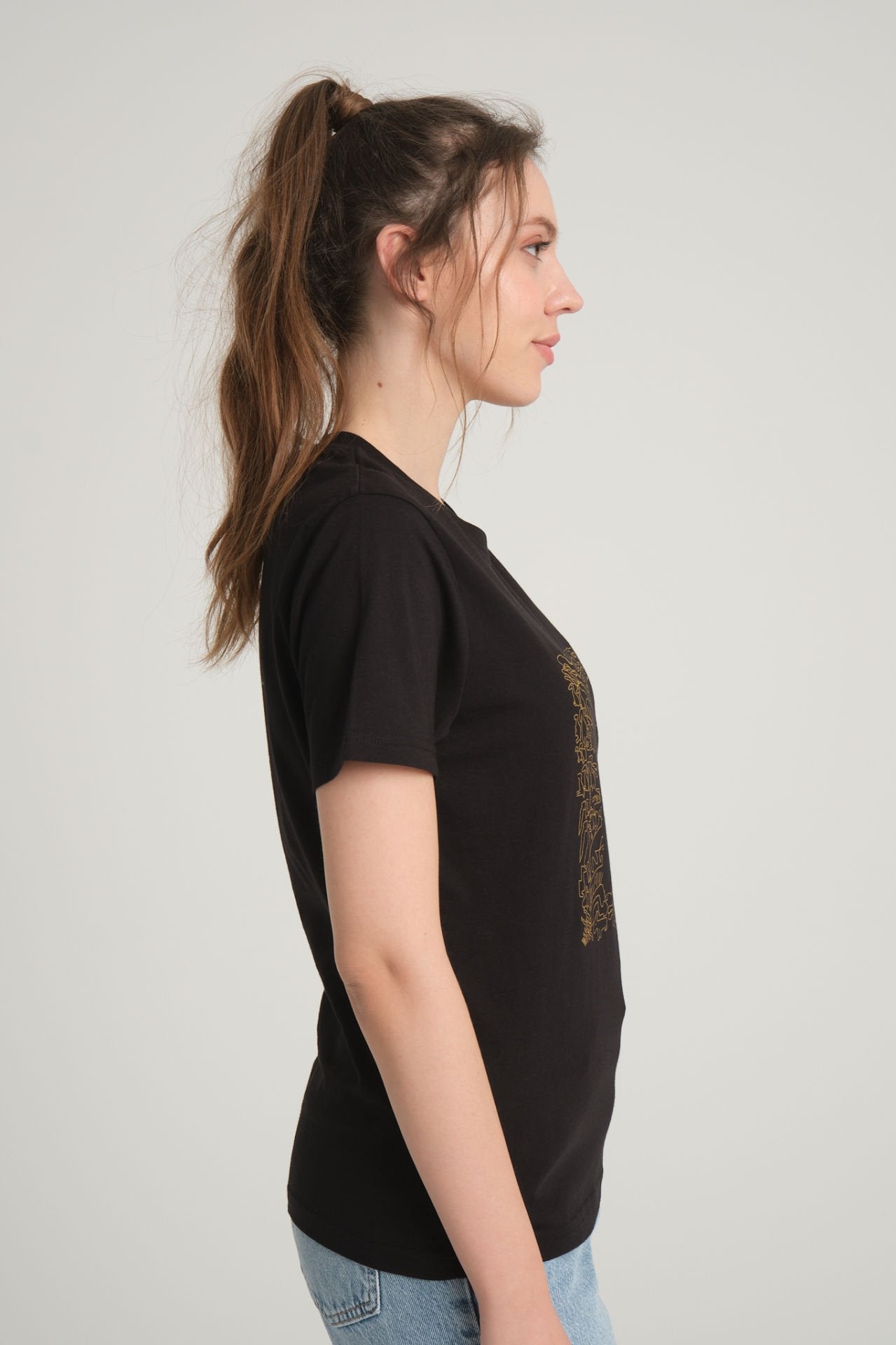 Women's Black T-Shirt with Göbeklitepe Print ''The Story of Snakes and Birds''