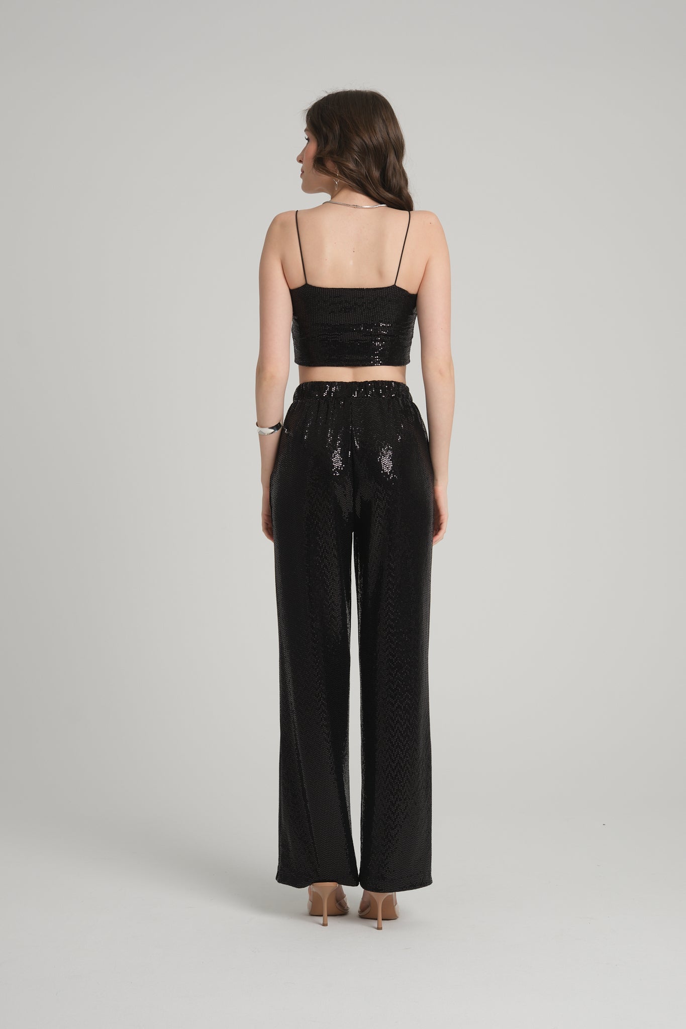 Siyah Pul Payet Askılı Crop Top