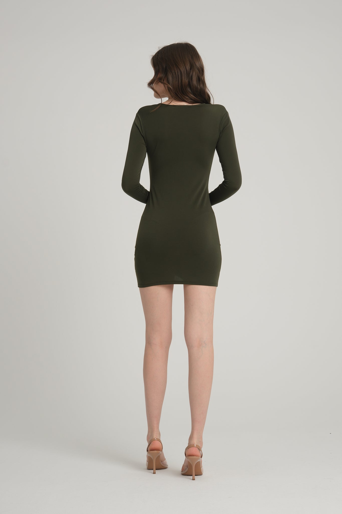 Khaki Mini Dress with Pleats on the Front