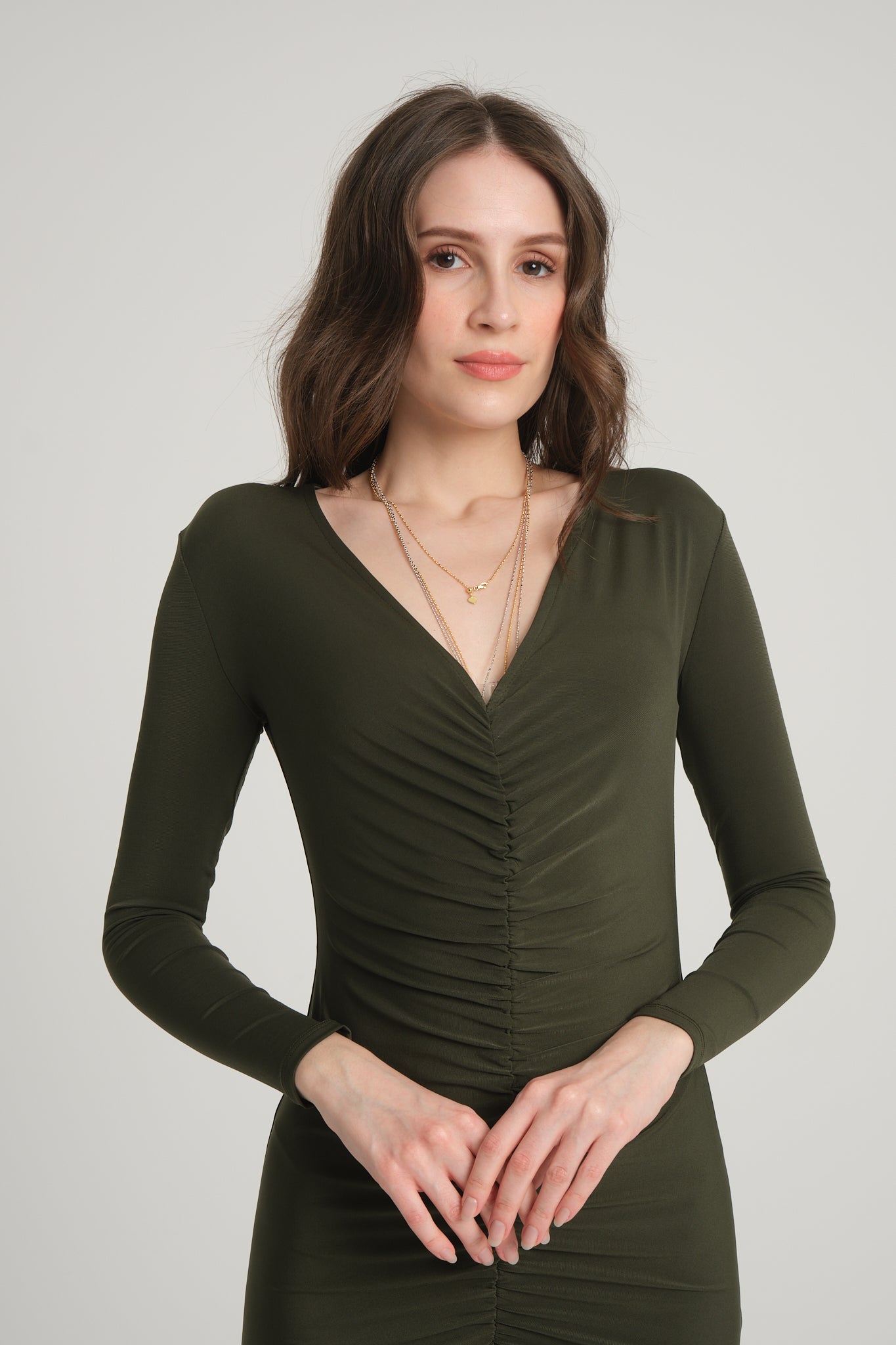 Khaki Mini Dress with Pleats on the Front