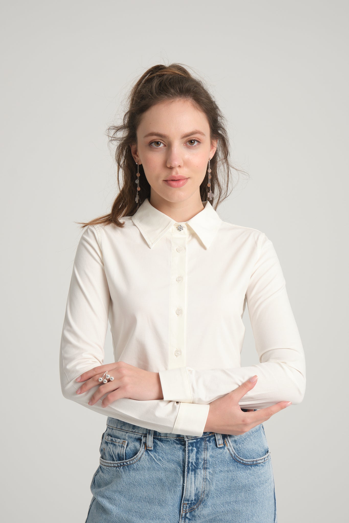 Ekru Crop Poplin Gömlek