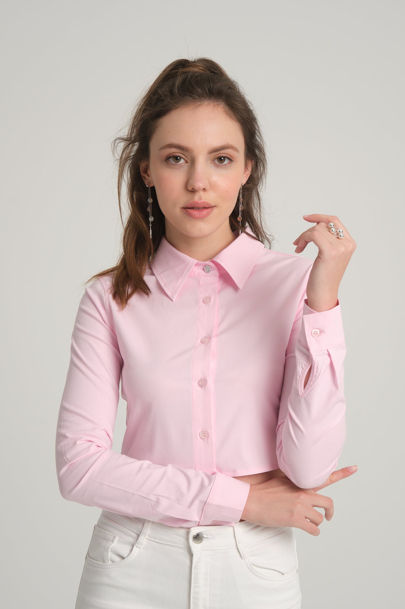 Pink Crop Poplin Shirt