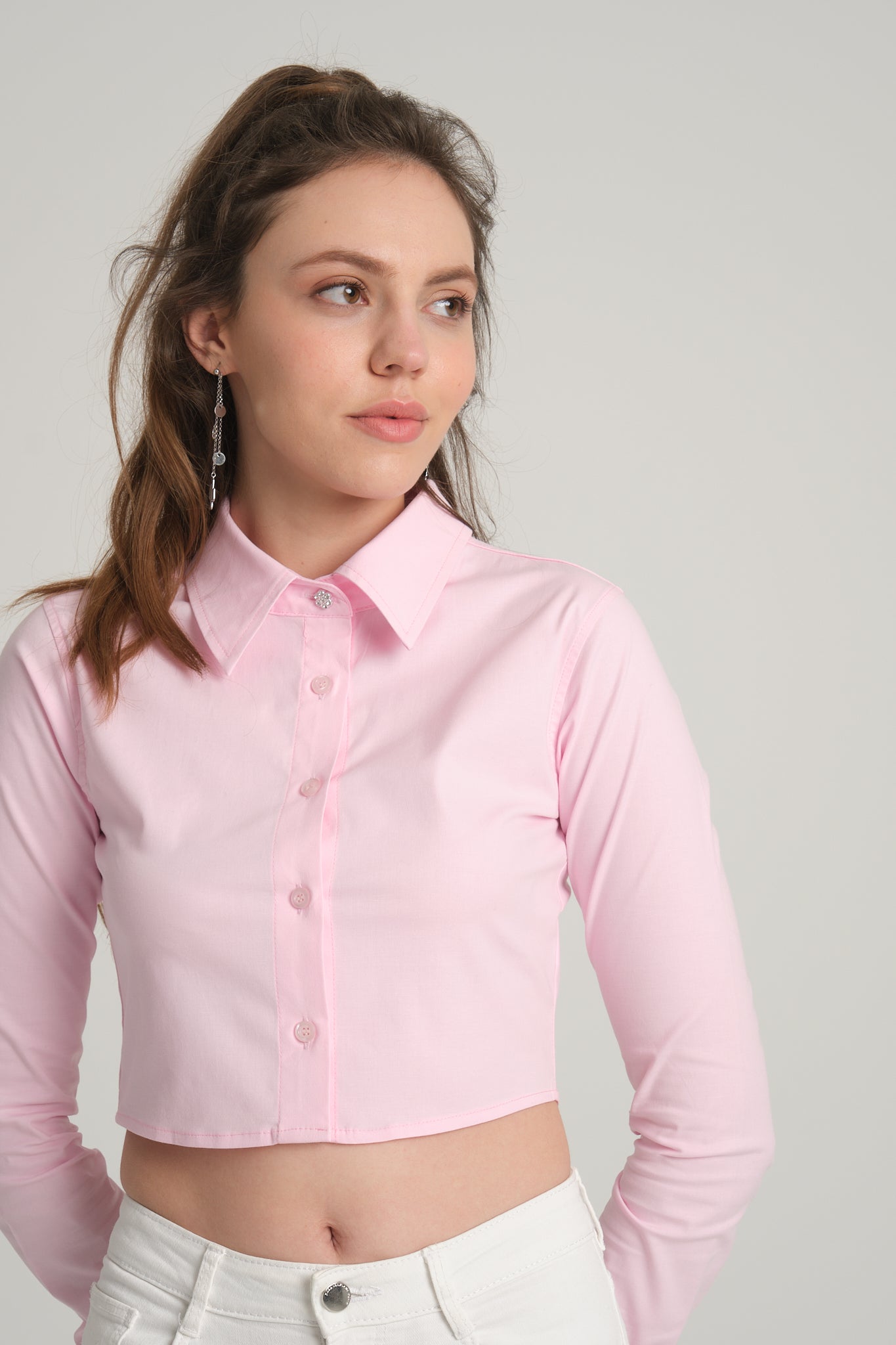 Pink Crop Poplin Shirt
