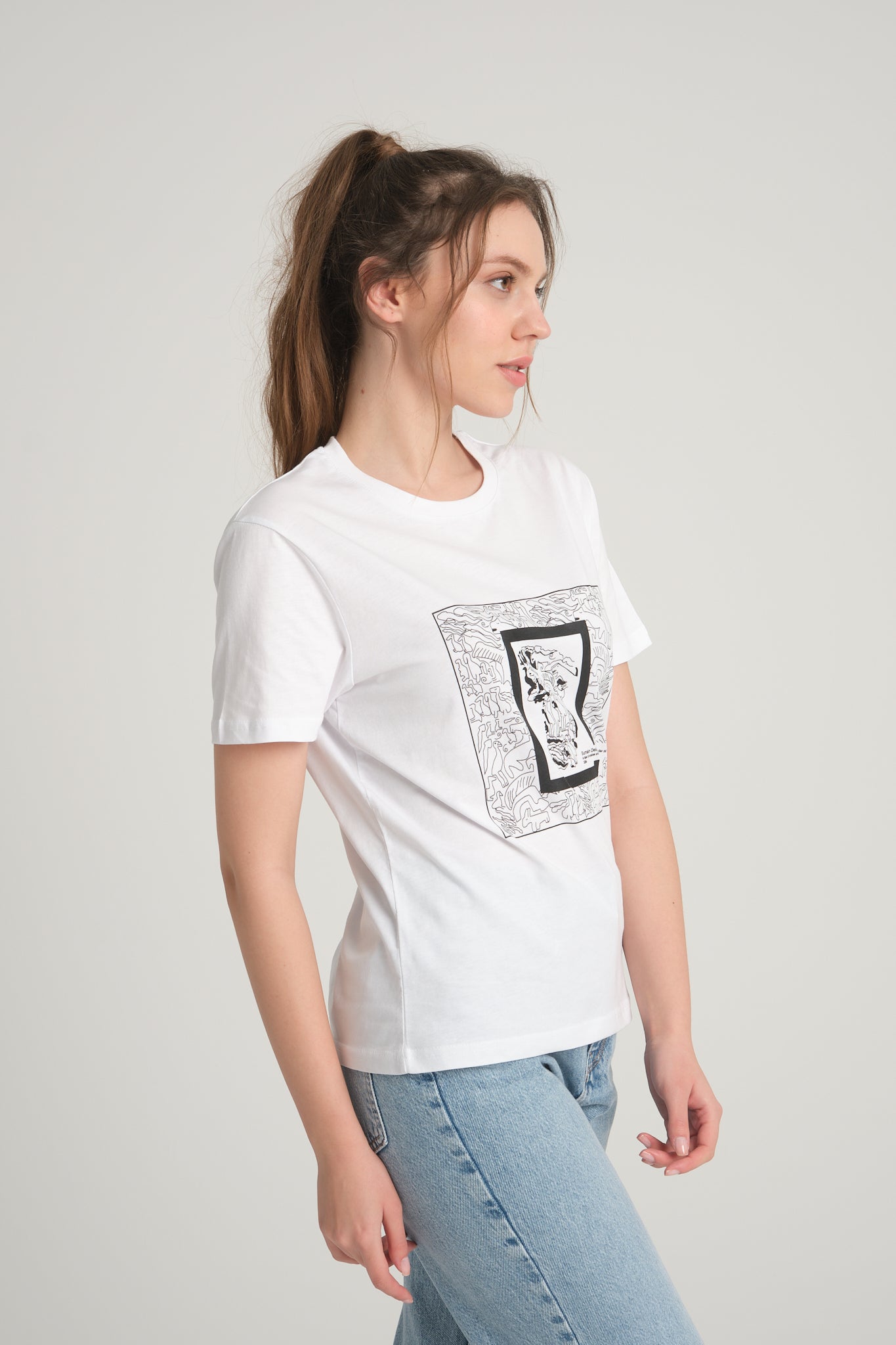 Women's White T-Shirt with Göbeklitepe Print ''The Story of Snakes and Birds''