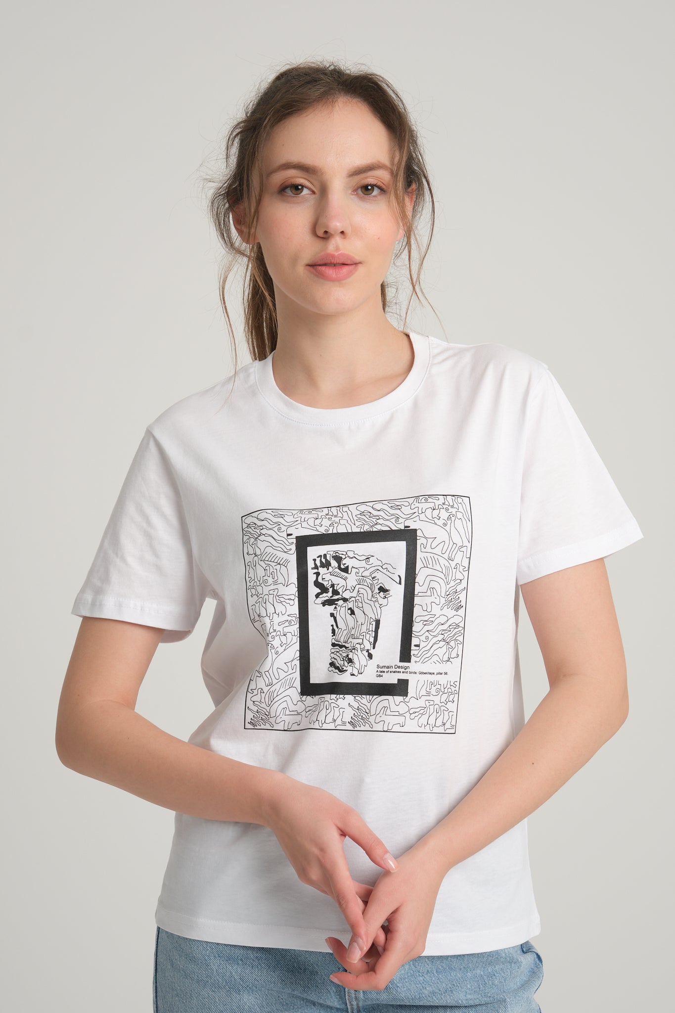 Women's White T-Shirt with Göbeklitepe Print ''The Story of Snakes and Birds''