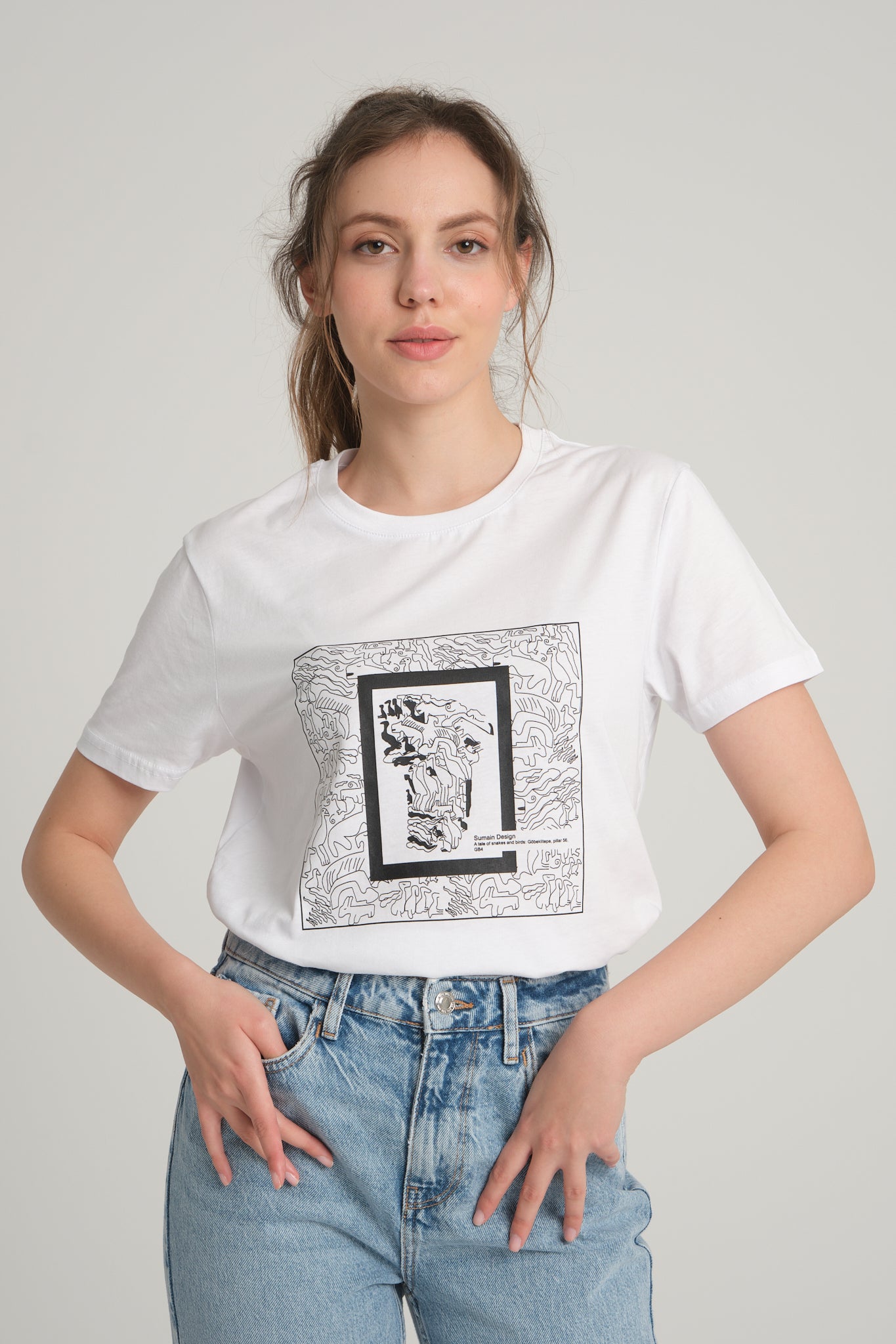 Women's White T-Shirt with Göbeklitepe Print ''The Story of Snakes and Birds''