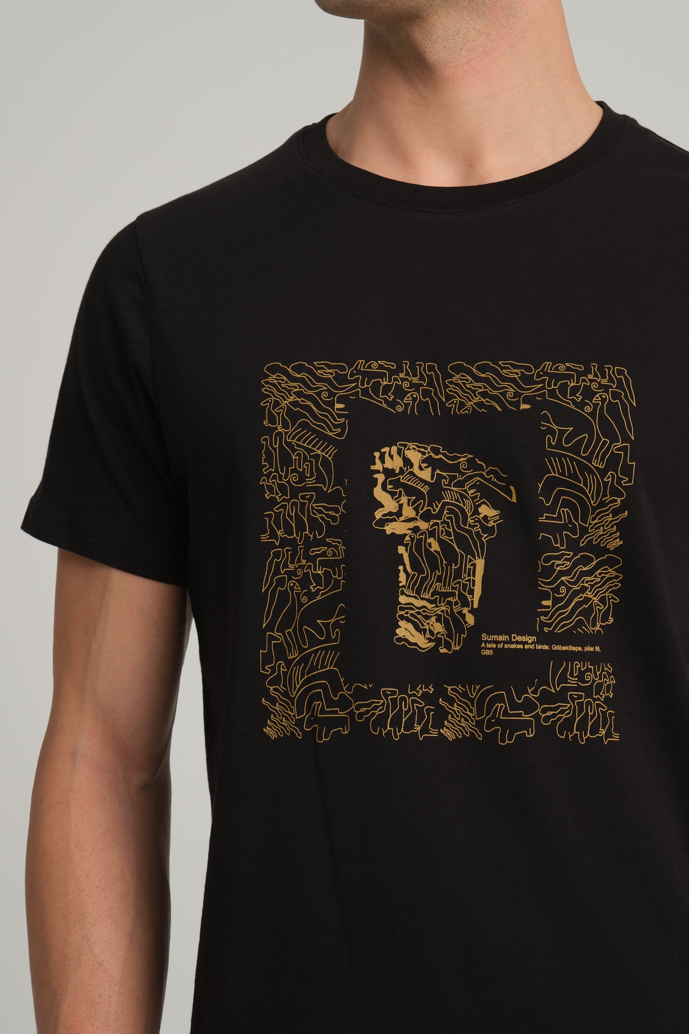 Gobeklitepe Printed Men's Black T-Shirt "The Story of Snakes and Birds"