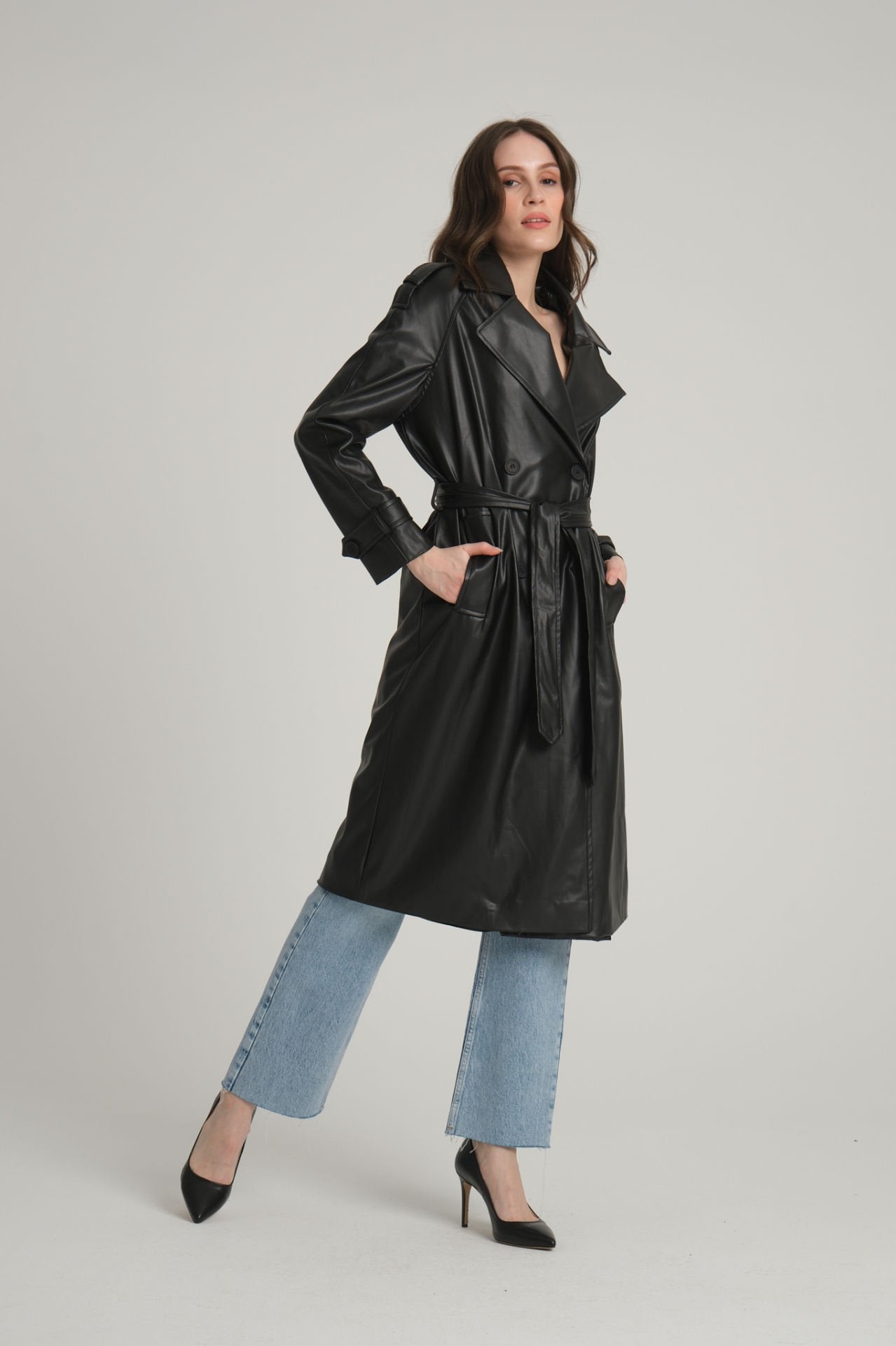 Faux Leather Trench Coat
